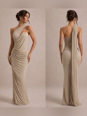 HAUTE Asymmetrical Ruched Bodycon Maxi Dress S BNWOT Beige One Shoulder
